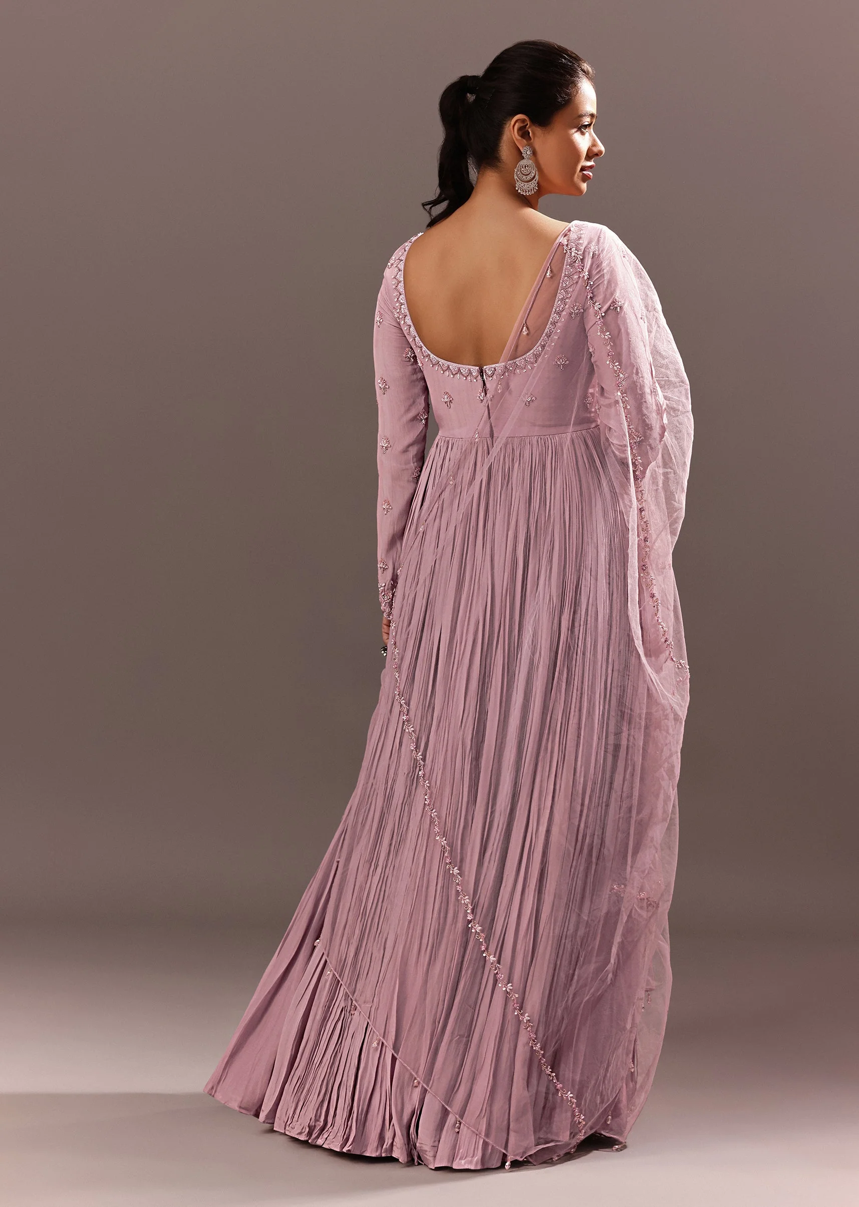 Lavender Embroidered Anarkali Suit With Organza Dupatta
