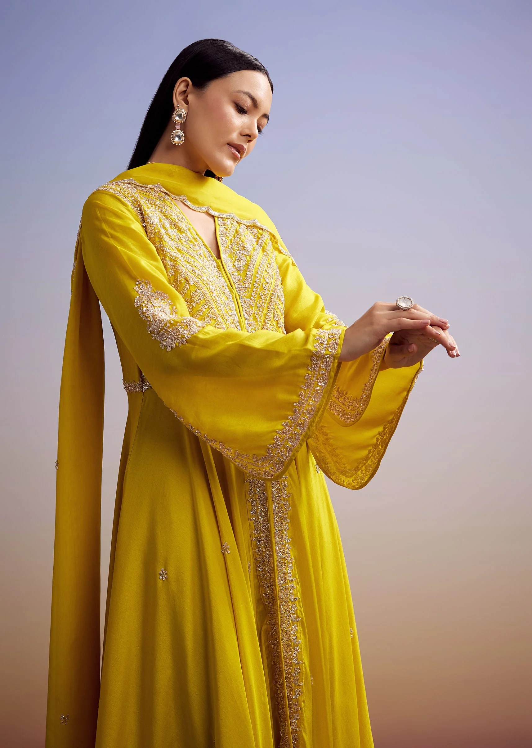 Yellow Russian Silk Palazzo Suit With Cut Dana And Sequins Work