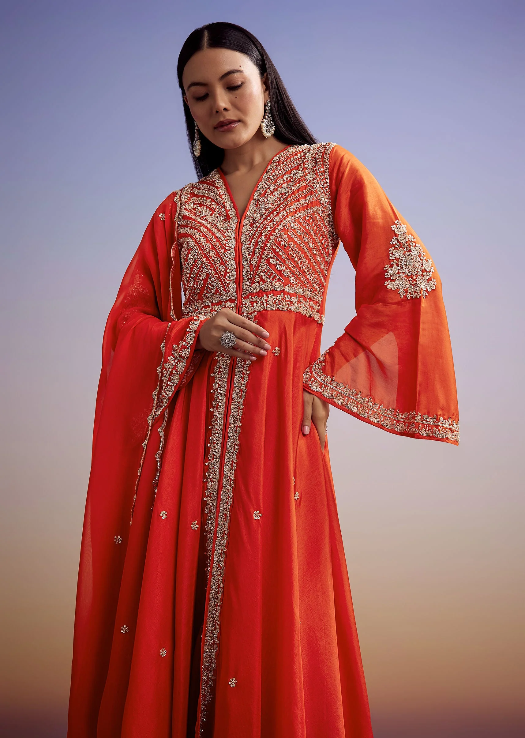 21044-orange-russian-silk-palazzo-suit-with-cut-dana-and-sequins-work-1.webp Orange Russian Silk Palazzo Suit With Cut Dana And Sequins Work