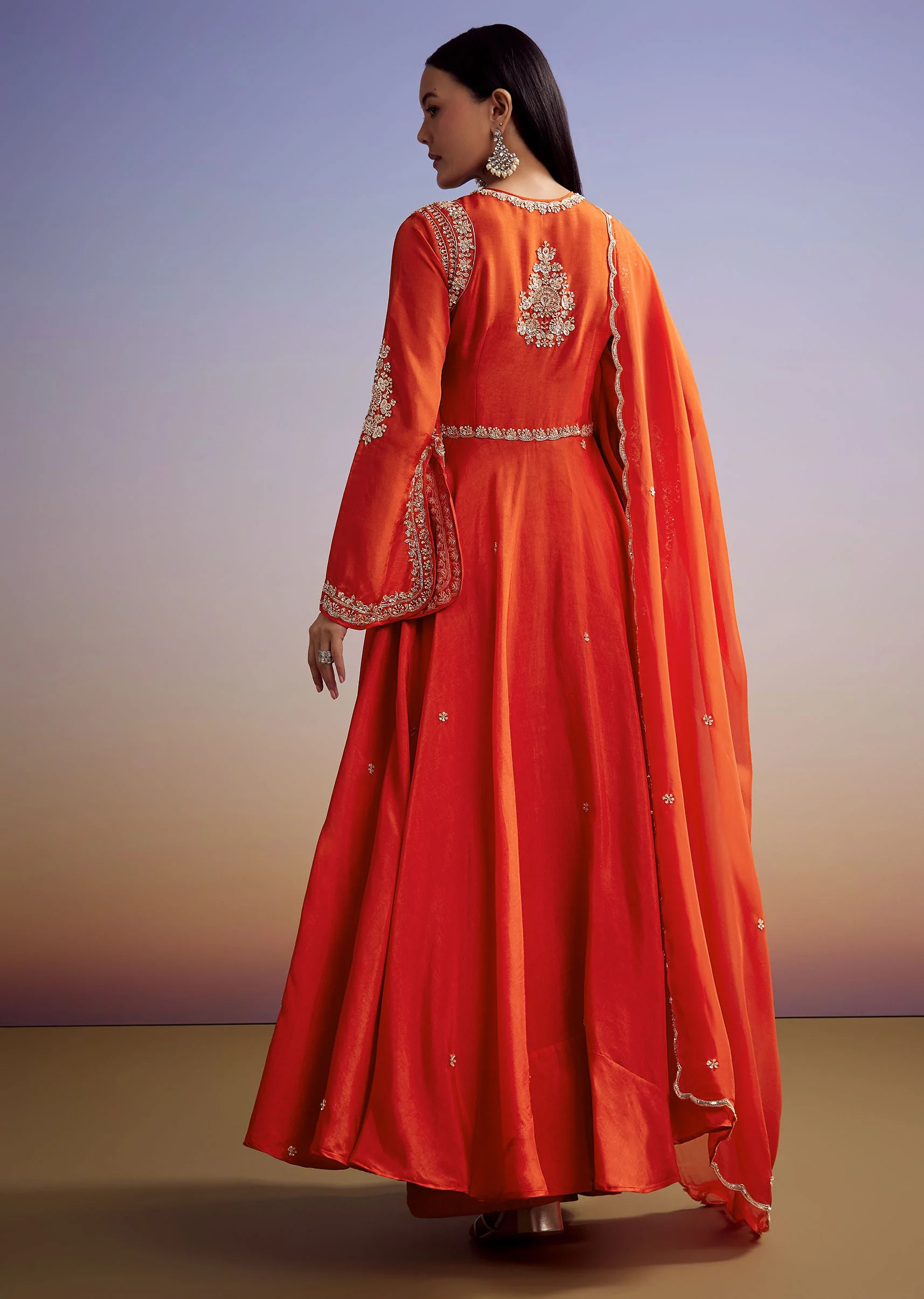Orange Russian Silk Palazzo Suit With Cut Dana And Sequins Work