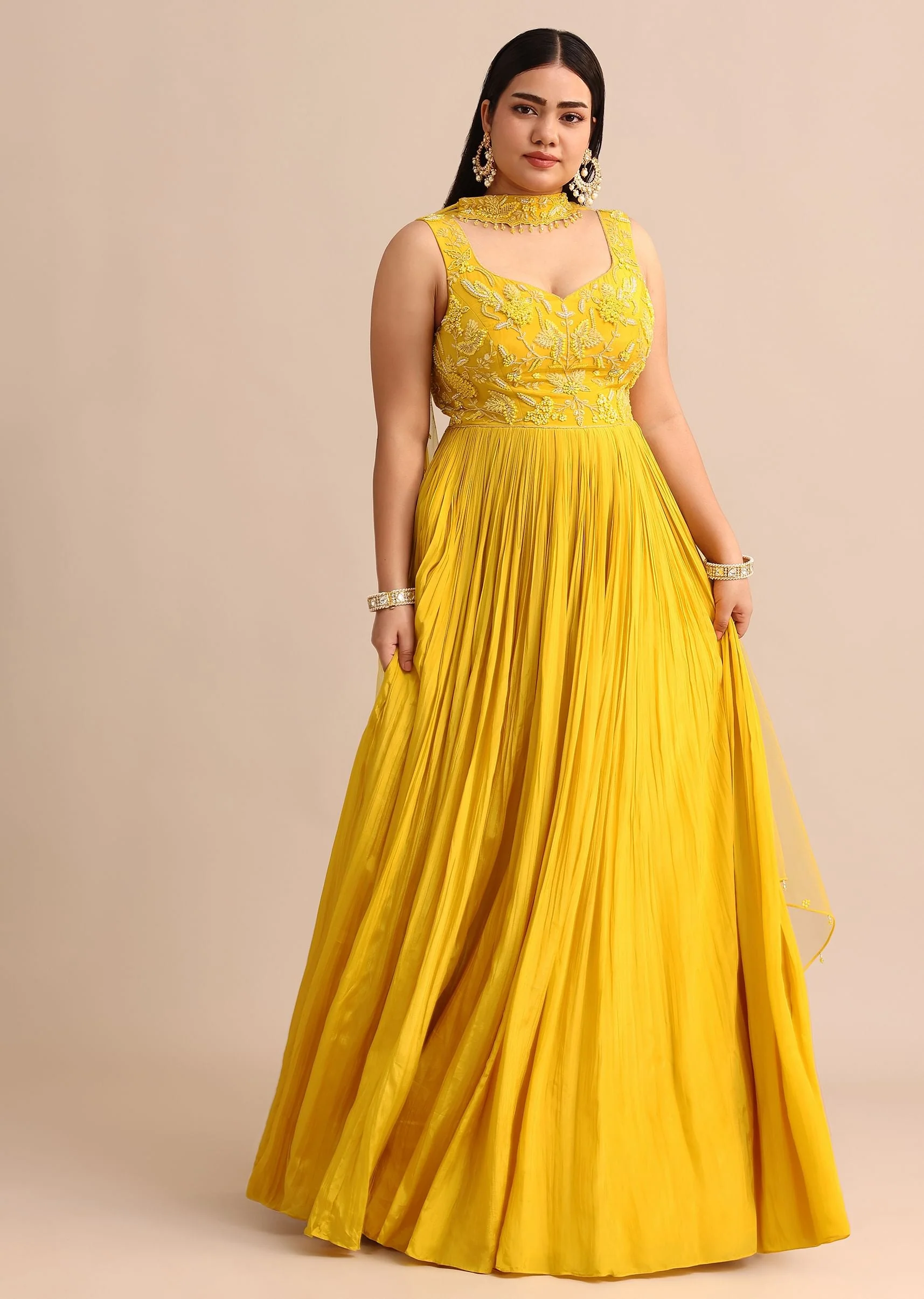 Sweetheart Neck Yellow Embroidered Anarkali Suit With Choker Dupatta
