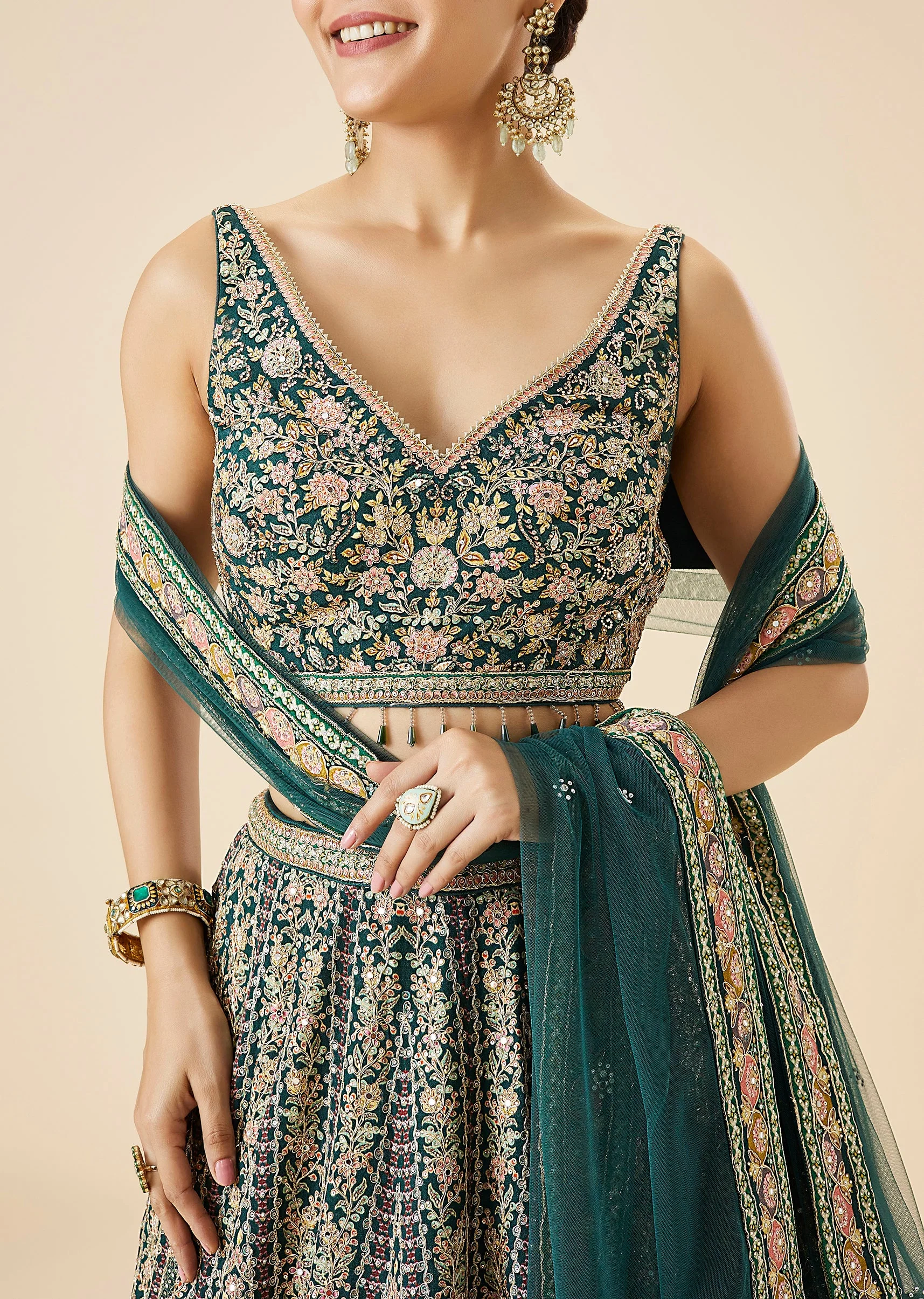 Teal Green Embroidered Lehenga Set
