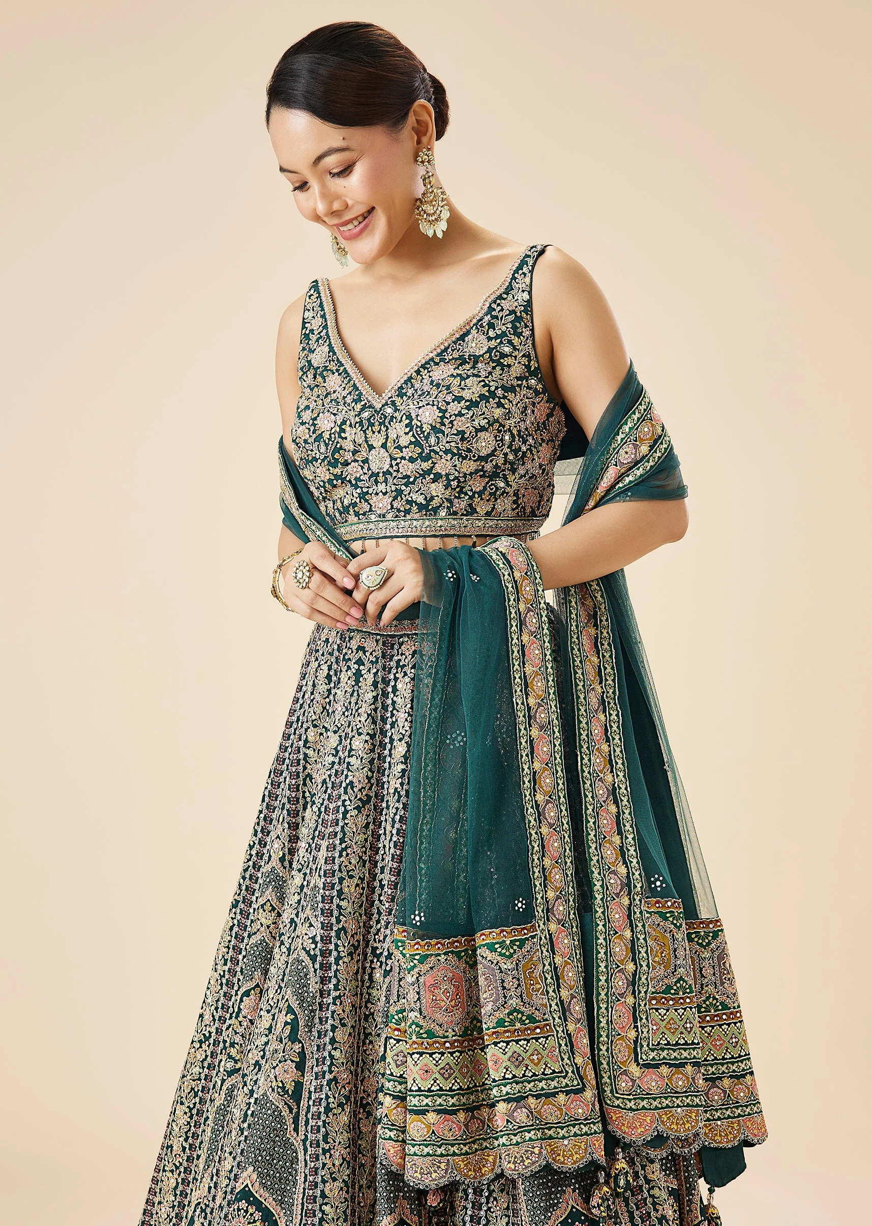 Teal Green Embroidered Lehenga Set