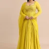 Sweetheart Neck Embroidered Crepe Yellow Anarkali Suit