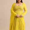 Sweetheart Neck Embroidered Crepe Yellow Anarkali Suit