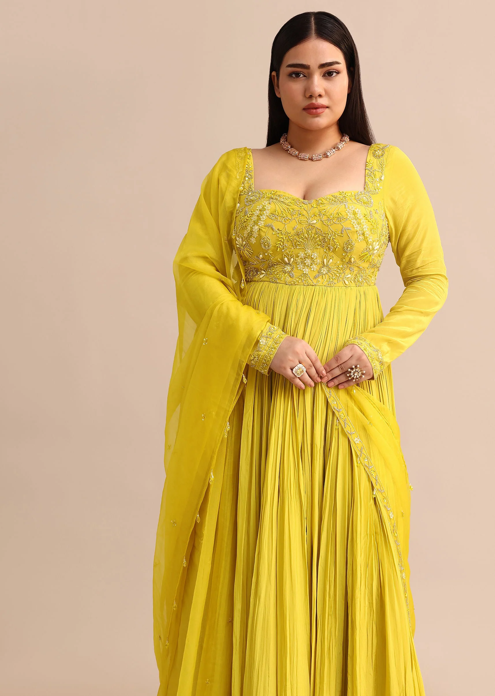 Sweetheart Neck Embroidered Crepe Yellow Anarkali Suit