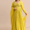 Sweetheart Neck Embroidered Crepe Yellow Anarkali Suit