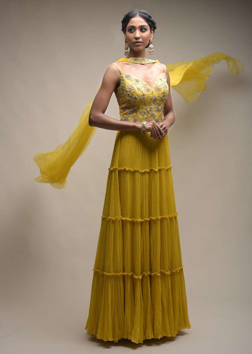 Citrus Indowestern Tiered suit In Georgette With Resham And Beads Embroidered Floral Pattern