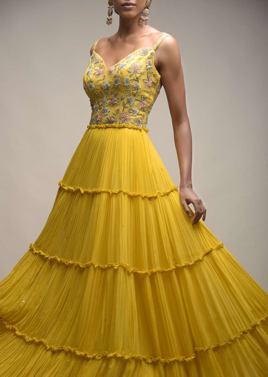 Citrus Indowestern Tiered suit In Georgette With Resham And Beads Embroidered Floral Pattern