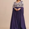 Purple Gown With Cape Style Sleeves in Jaal Work