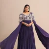 Purple Gown With Cape Style Sleeves in Jaal Work