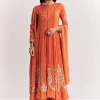 Orange Chinon Anarkali Suit With Moti Sequins And Cutdana Dupatta