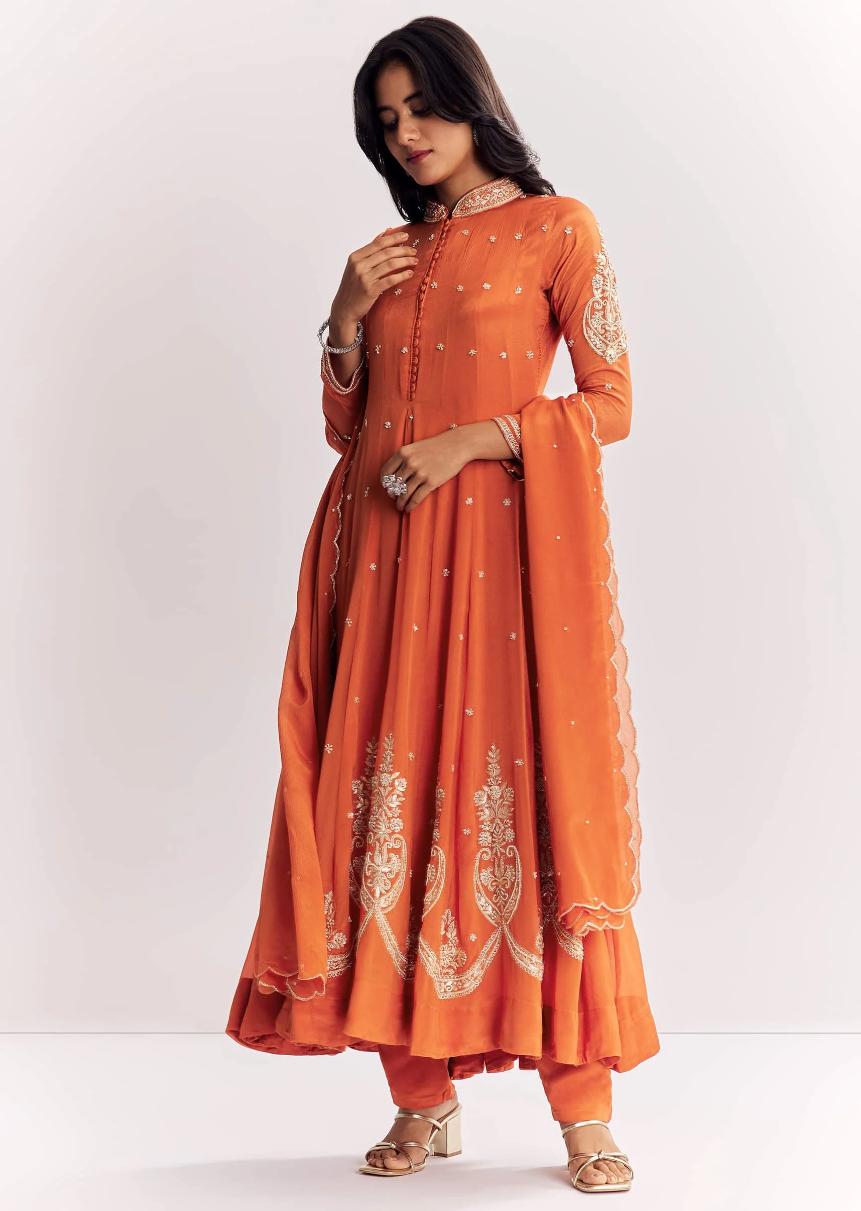 Orange Chinon Anarkali Suit With Moti Sequins And Cutdana Dupatta