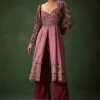 Deep Mauve Anarkali Suit Set With Velvet Pants And Embroidered Jacket