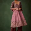 Deep Mauve Anarkali Suit Set With Velvet Pants And Embroidered Jacket