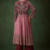 Deep Mauve Anarkali Suit Set With Velvet Pants And Embroidered Jacket