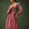 Mauve Embroidered Anarkali Suit With Flared Palazzo Pant