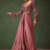 Mauve Embroidered Anarkali Suit With Flared Palazzo Pant