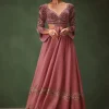 Mauve Embroidered Anarkali Suit With Flared Palazzo Pant