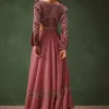 Mauve Embroidered Anarkali Suit With Flared Palazzo Pant