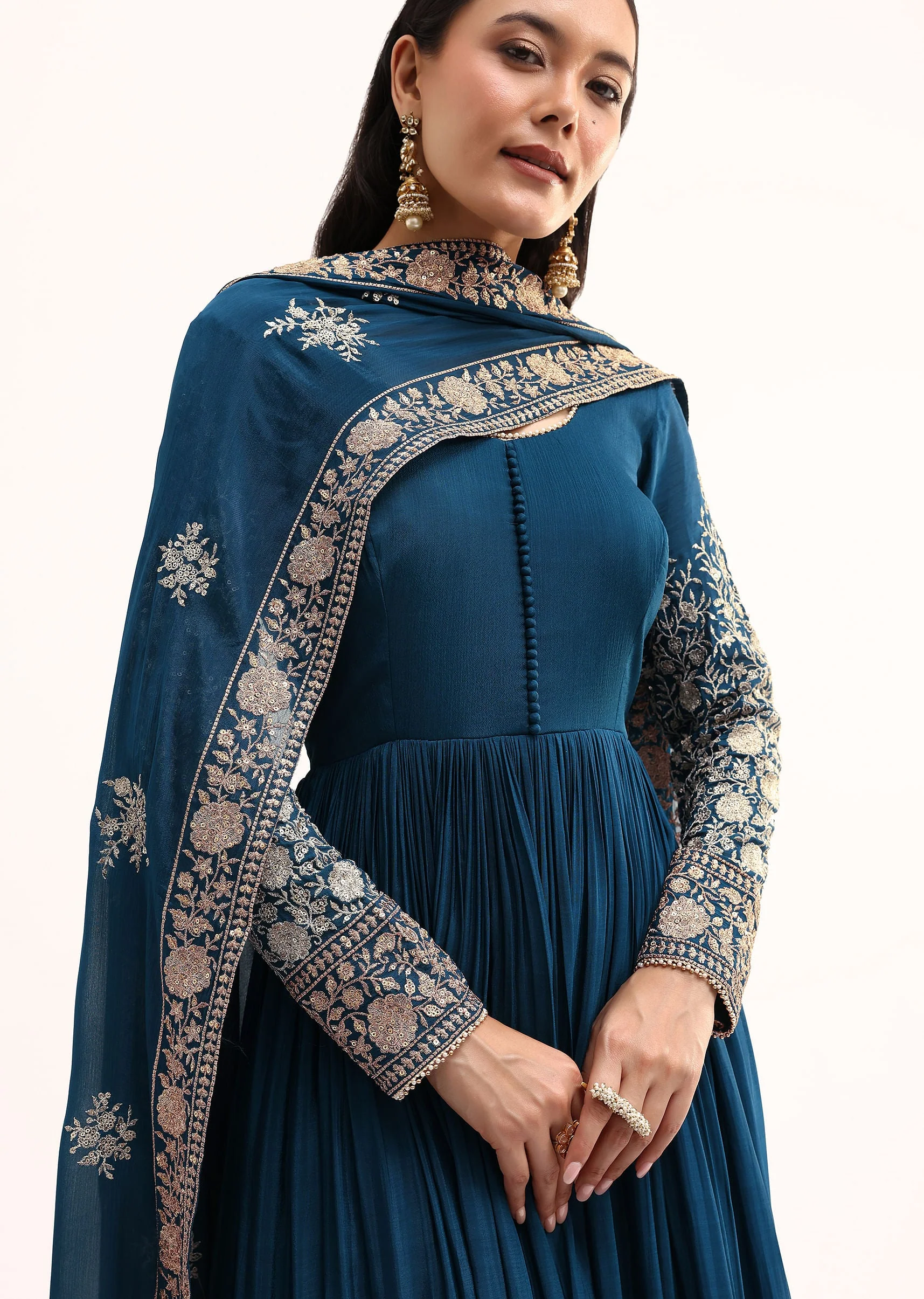 Teal Chinon Anarkali Suit With Zari Work
