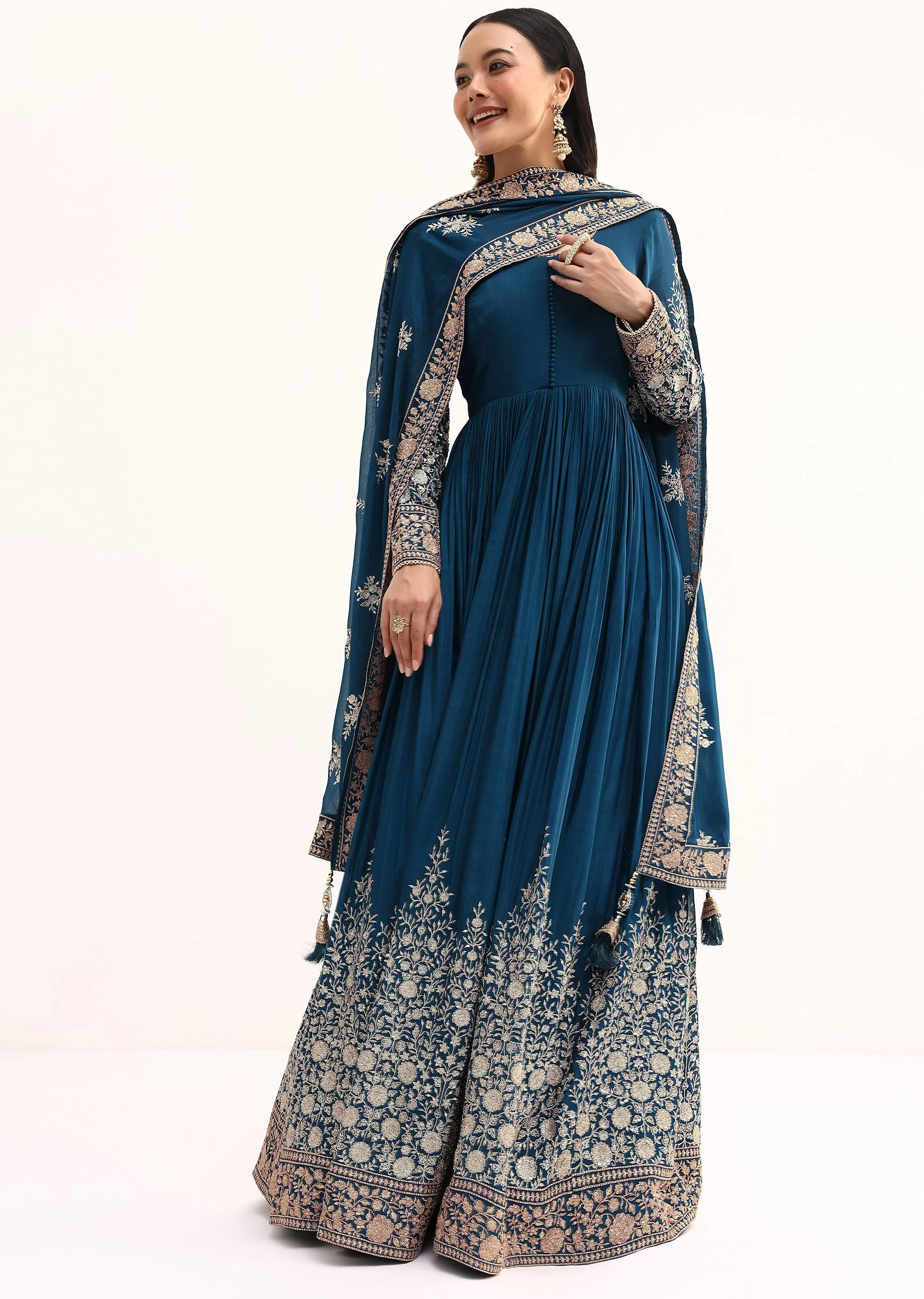 Teal Chinon Anarkali Suit With Zari Work