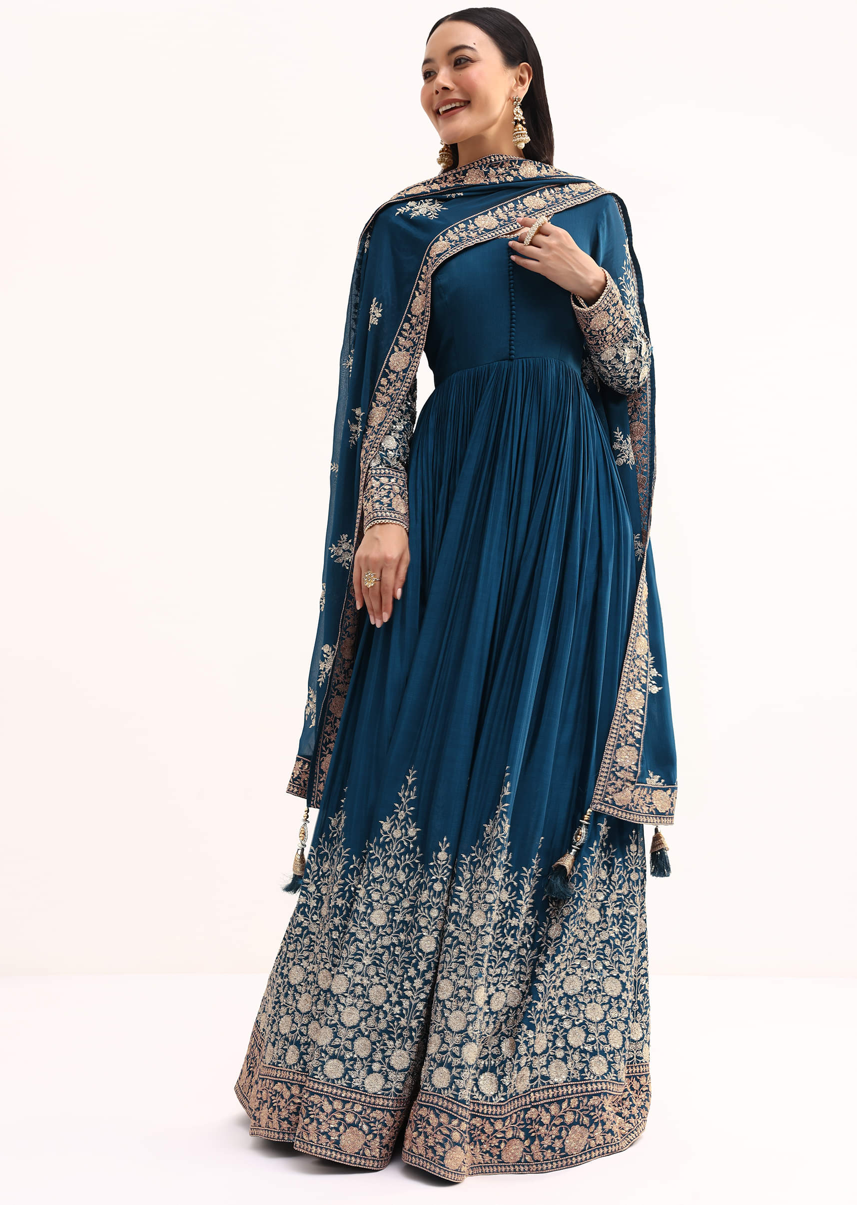 Teal Chinon Anarkali Suit With Zari Work