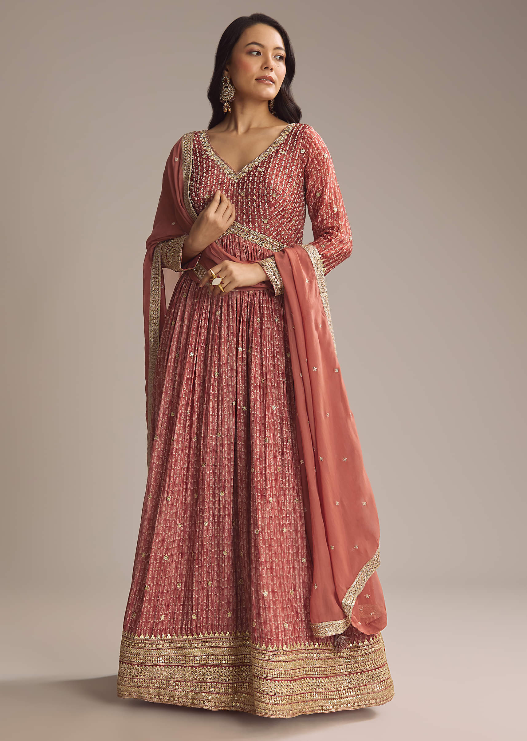 21187-red-chinon-printed-anarkali-suit-with-heavy-embroidery-1.jpg Red Chinon Printed Anarkali Suit With Heavy Embroidery