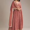 Red Chinon Printed Anarkali Suit With Heavy Embroidery