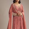Red Chinon Printed Anarkali Suit With Heavy Embroidery