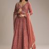 Red Chinon Printed Anarkali Suit With Heavy Embroidery