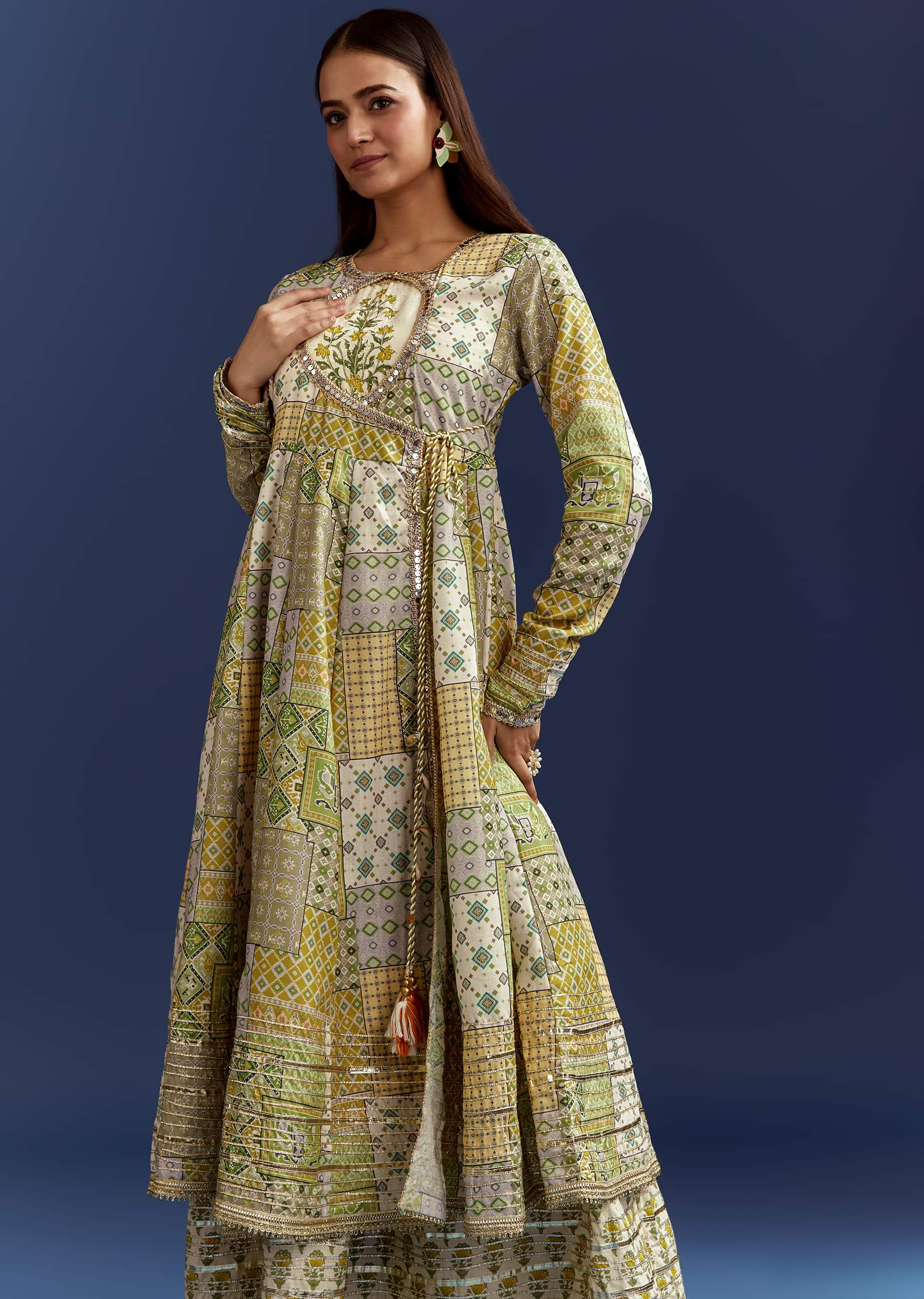 21194-green-floral-sleeveless-kurti-with-gotta-lace-and-angrakha-jacket-1.jpg Green Floral Sleeveless Kurti With Gotta Lace And Angrakha Jacket