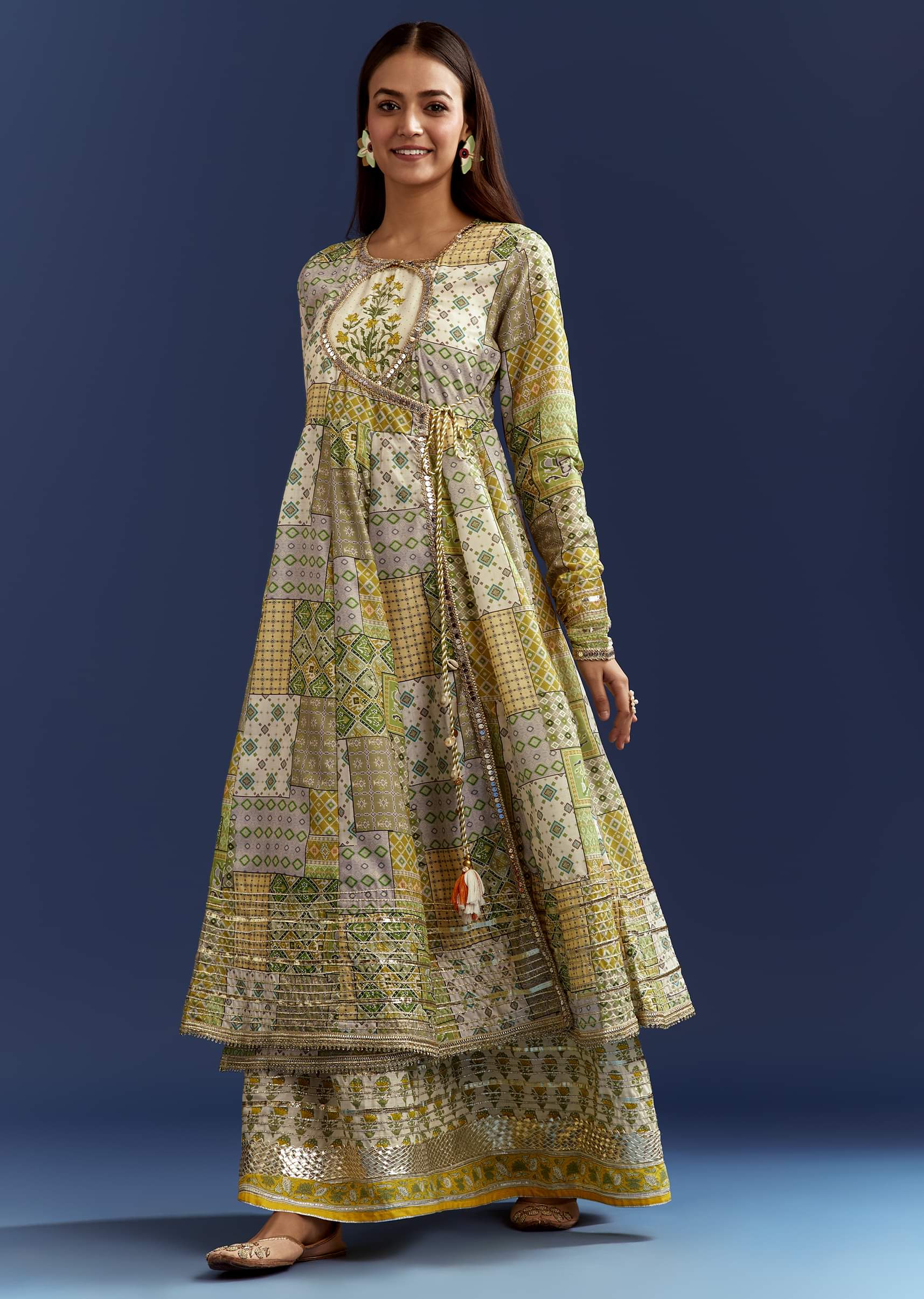 Green Floral Sleeveless Kurti With Gotta Lace And Angrakha Jacket