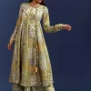 Green Floral Sleeveless Kurti With Gotta Lace And Angrakha Jacket