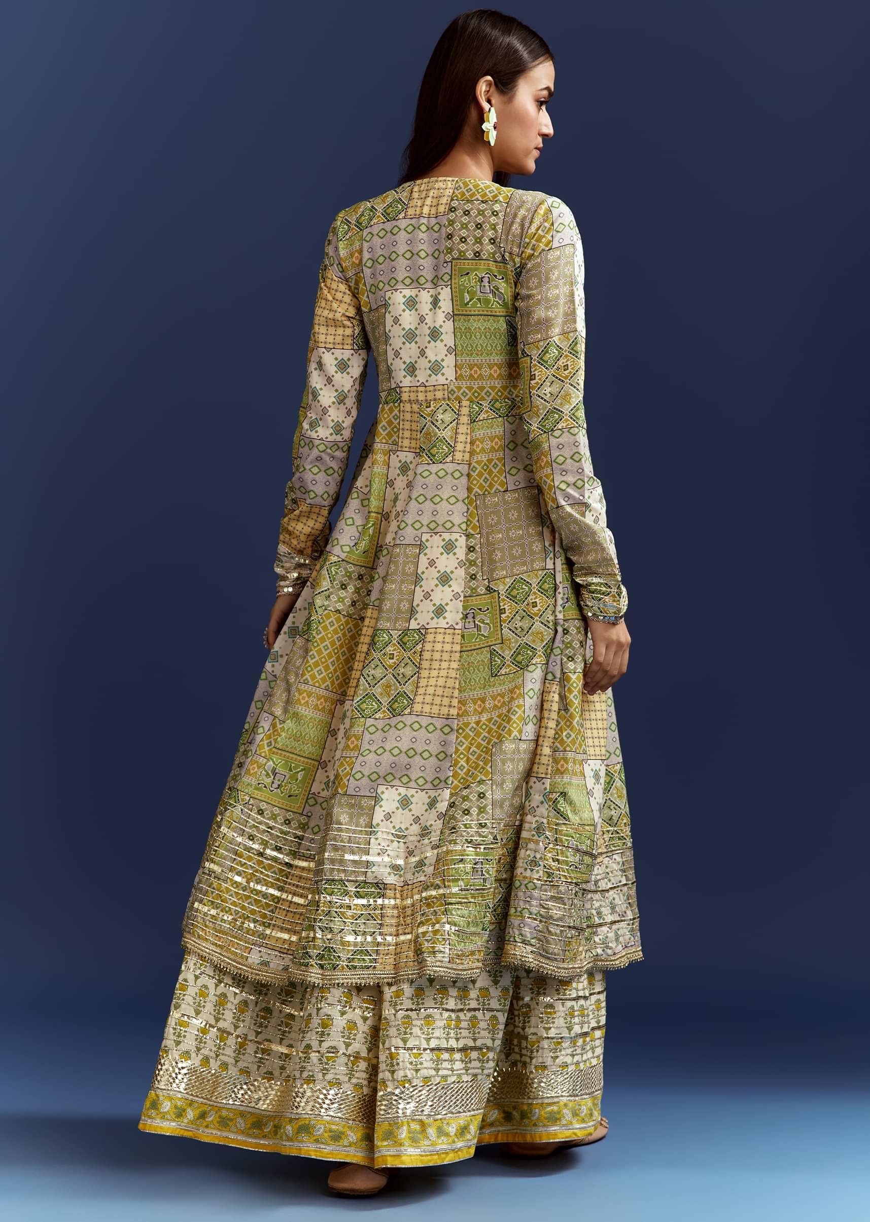 Green Floral Sleeveless Kurti With Gotta Lace And Angrakha Jacket