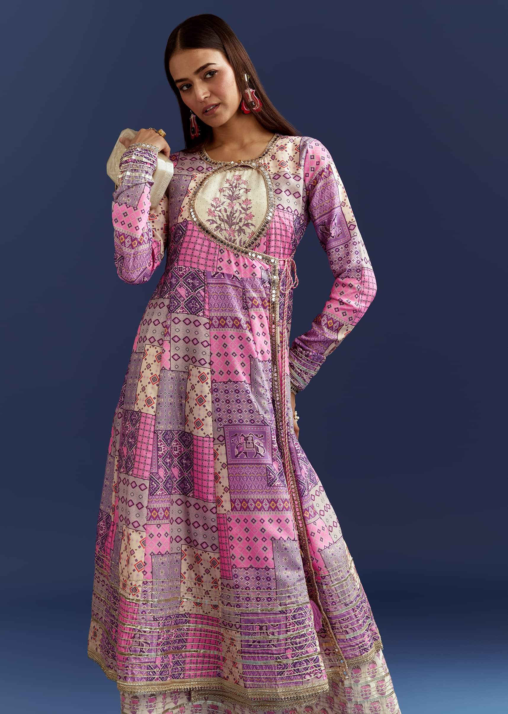 21200-lavender-floral-gotta-lace-kurta-with-angrakha-jacket-1.jpg Lavender Floral Gotta Lace Kurta With Angrakha Jacket