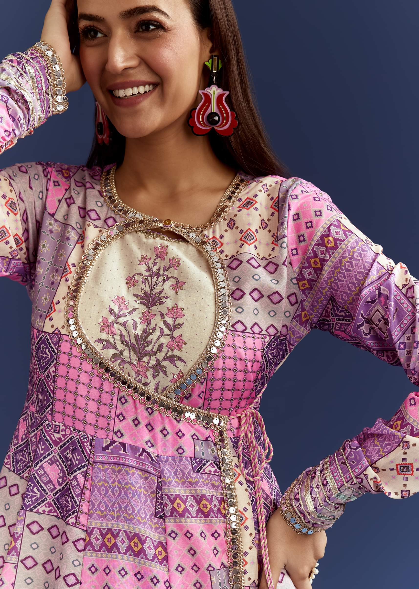 Lavender Floral Gotta Lace Kurta With Angrakha Jacket