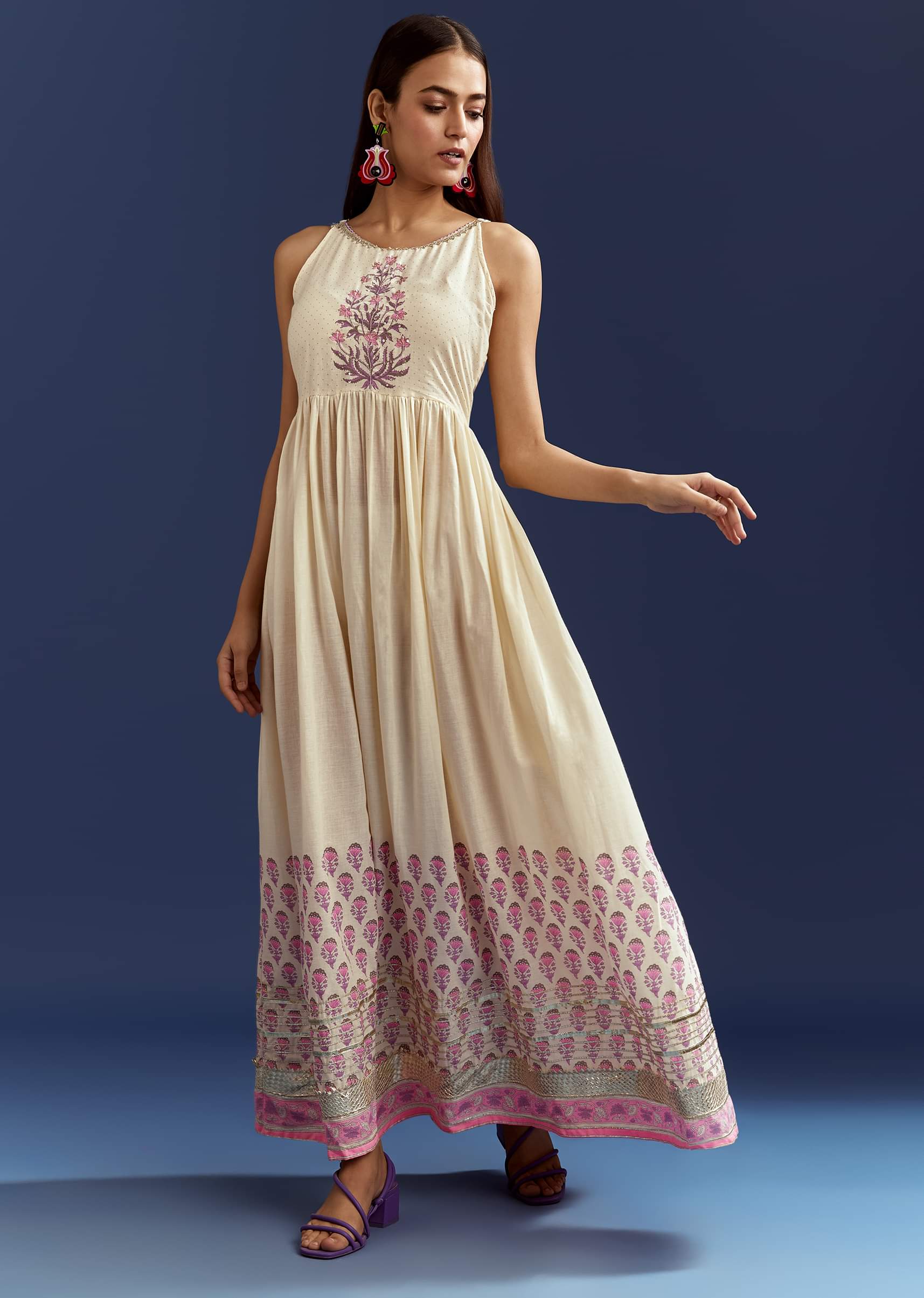 Lavender Floral Gotta Lace Kurta With Angrakha Jacket
