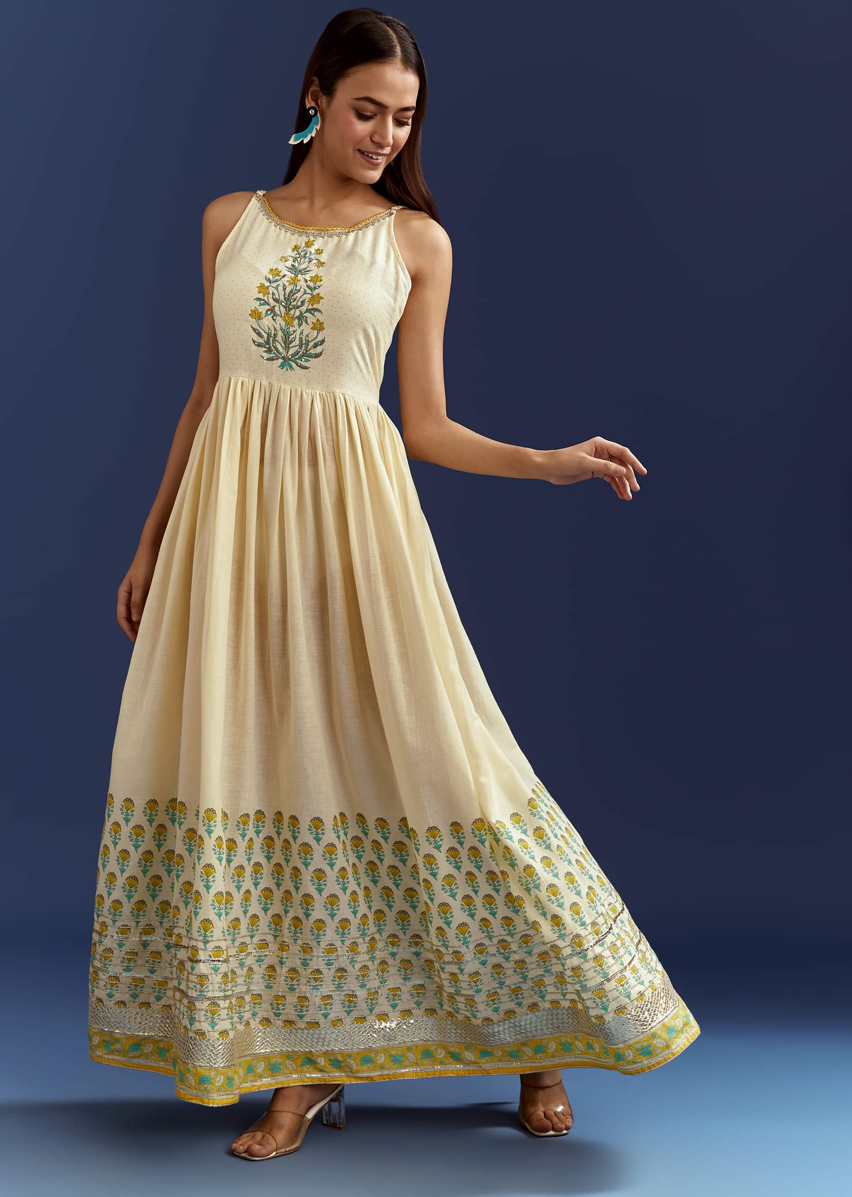 Blue Floral Angrakha Jacket With Gotta Lace Kurta