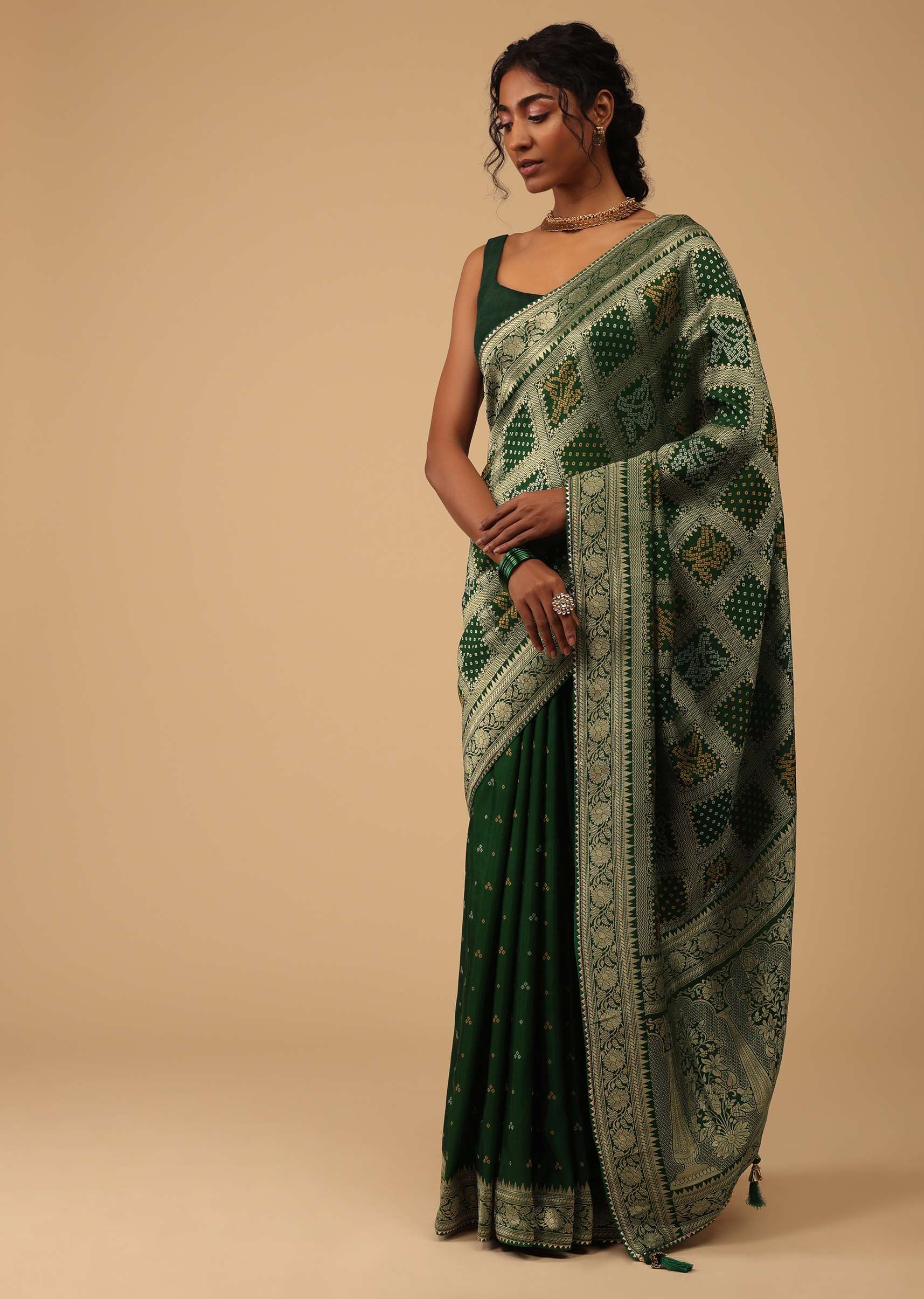 21212-deep-green-dola-silk-banarasi-saree-with-bandhani-waeve-1.jpg Deep Green Dola Silk Banarasi Saree With Bandhani Waeve