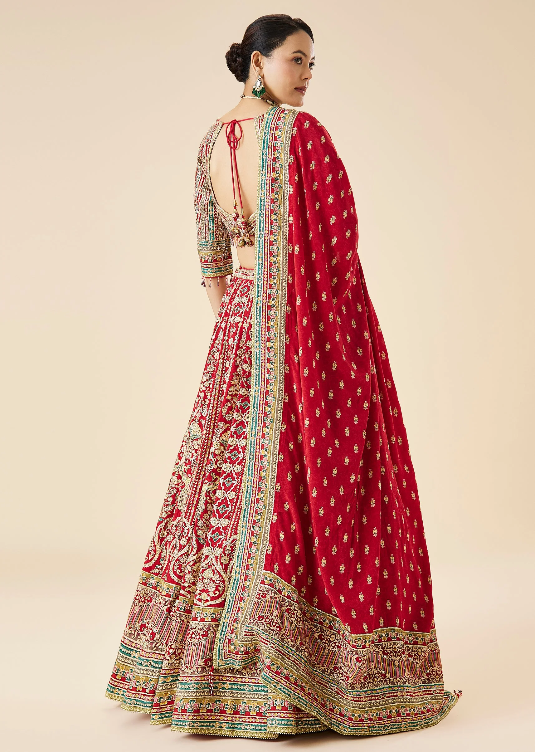 Red Bridal Printed And Embroidered Lehenga Set