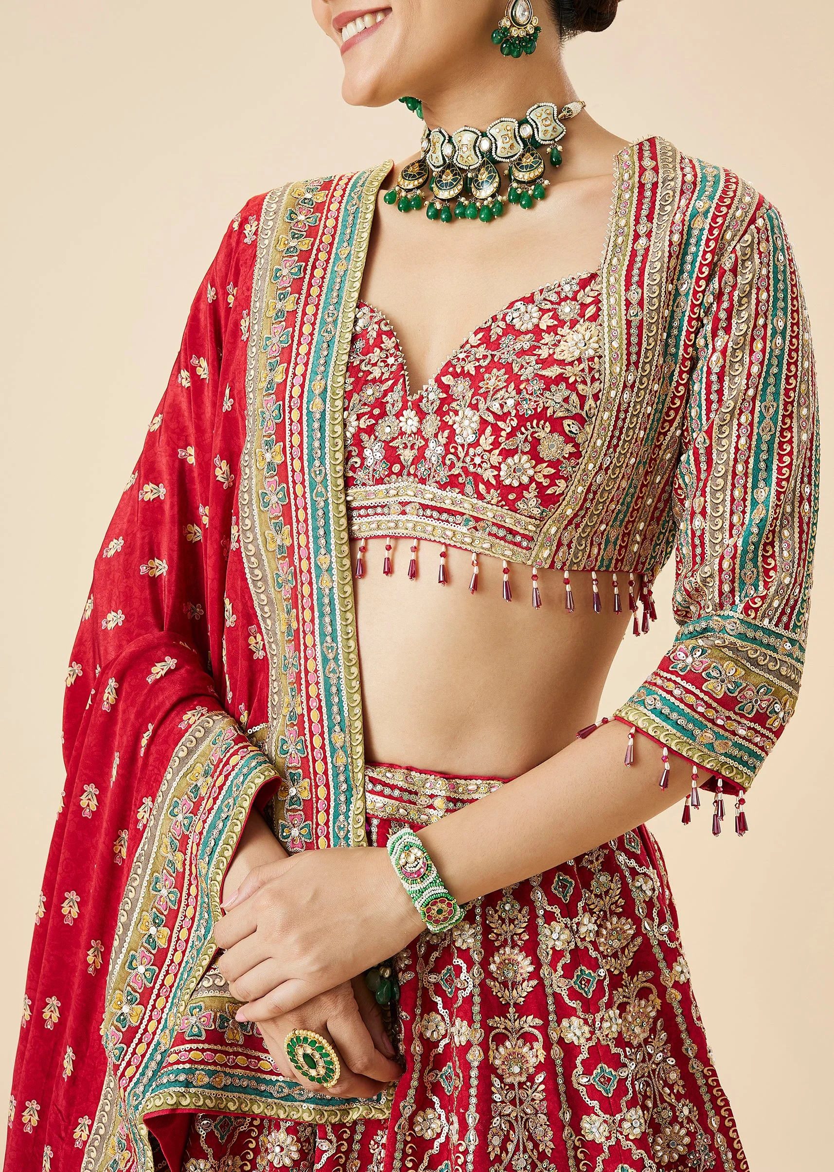 Red Bridal Printed And Embroidered Lehenga Set