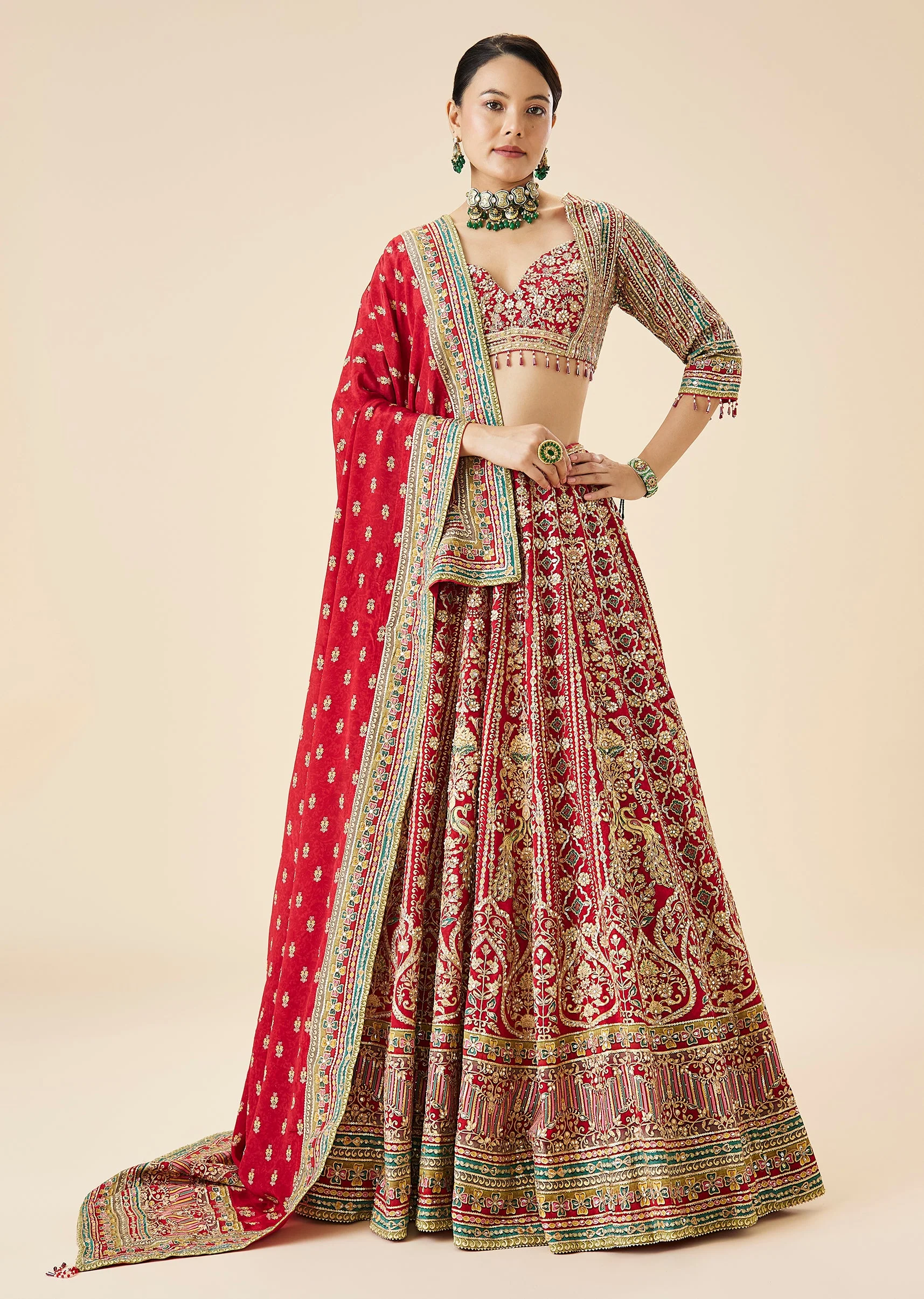 Red Bridal Printed And Embroidered Lehenga Set