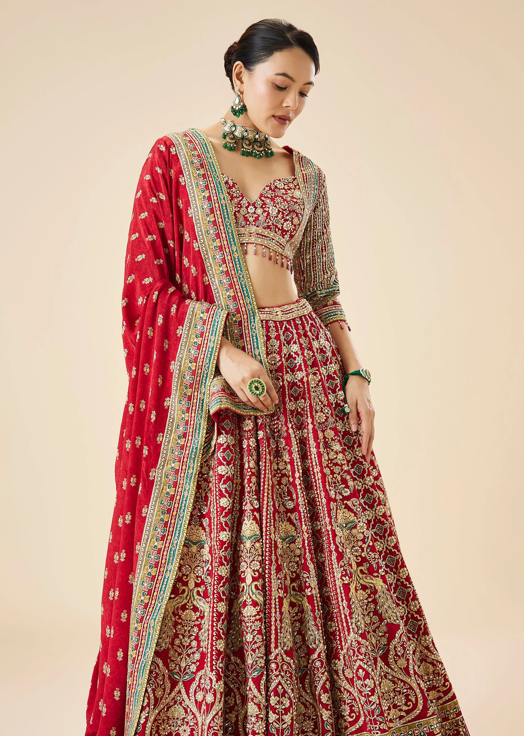 Red Bridal Printed And Embroidered Lehenga Set