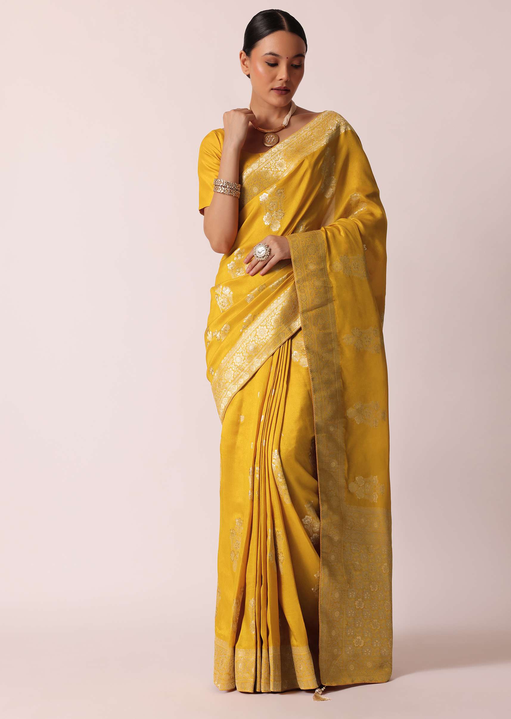 21276-mustard-yellow-banarasi-silk-saree-with-zari-floral-motifs-and-unstitched-blouse-piece-1.jpg Mustard Yellow Banarasi Silk Saree With Zari Floral Motifs And Unstitched Blouse Piece
