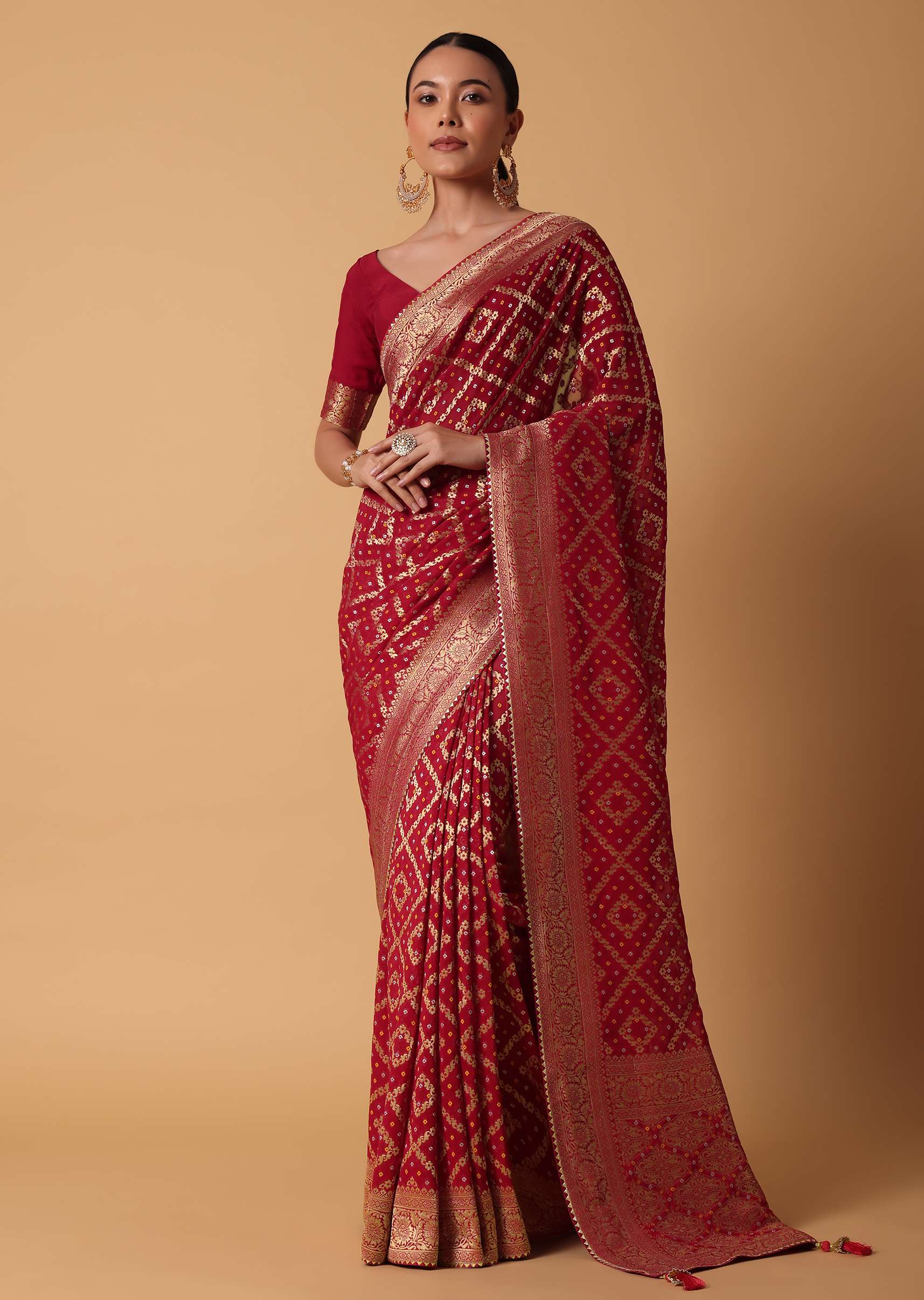 21287-red-banarasi-georgette-saree-with-bandhani-weave-and-unstitched-blouse-piece-1.jpg Red Banarasi Georgette Saree With Bandhani Weave And Unstitched Blouse Piece