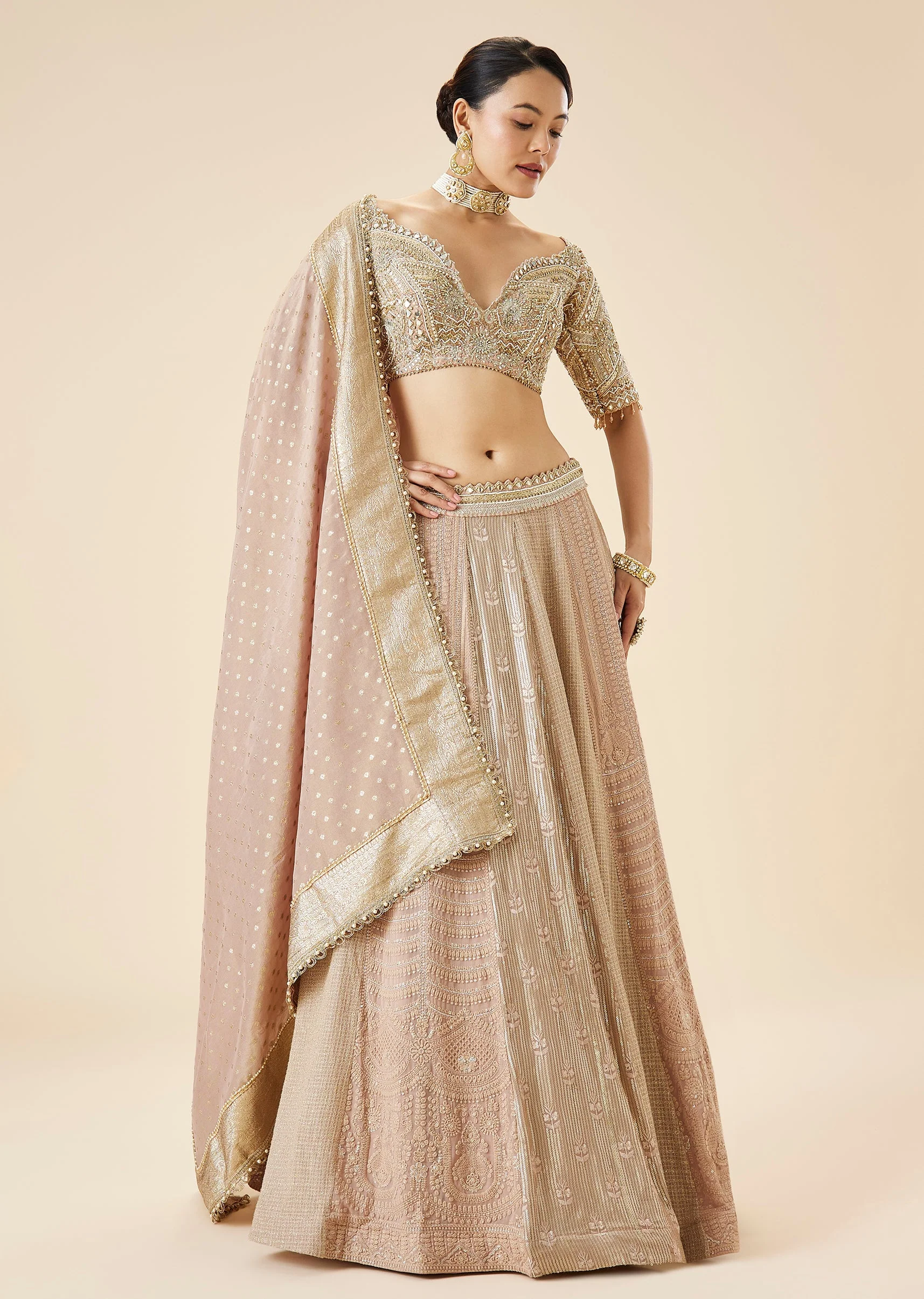 Dusty Pink Embroidered Bridal Lehenga Set