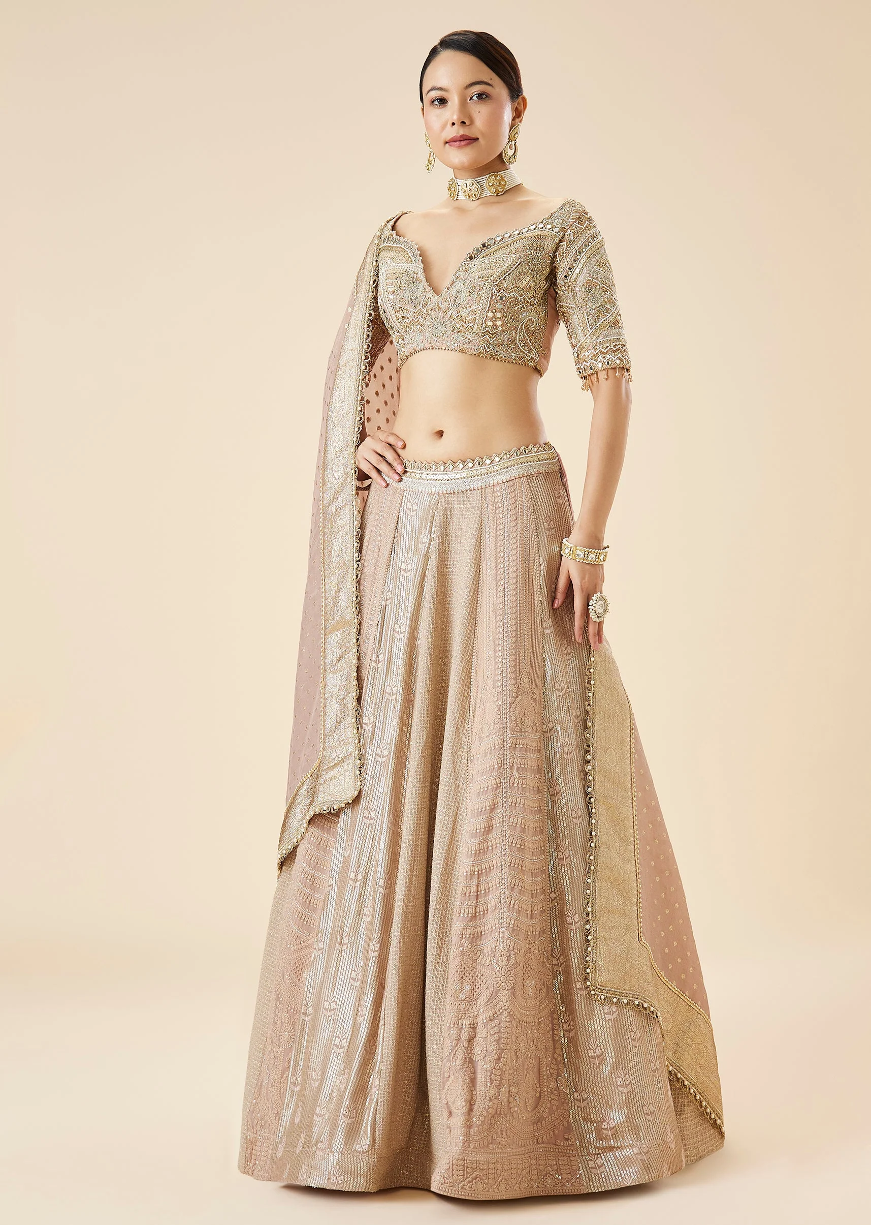 Dusty Pink Embroidered Bridal Lehenga Set
