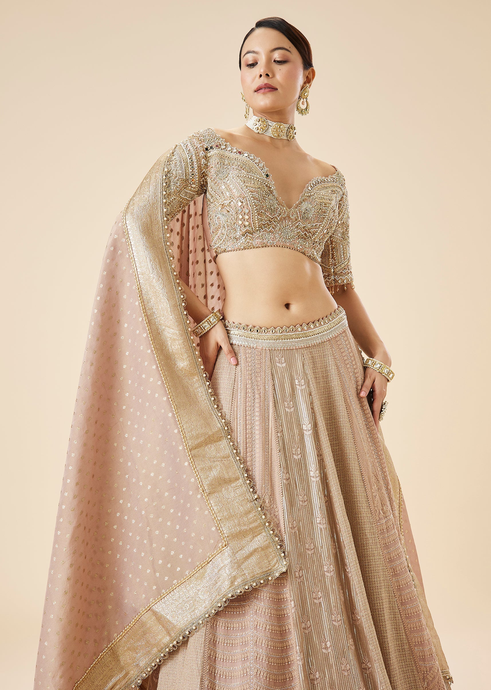 Dusty Pink Embroidered Bridal Lehenga Set