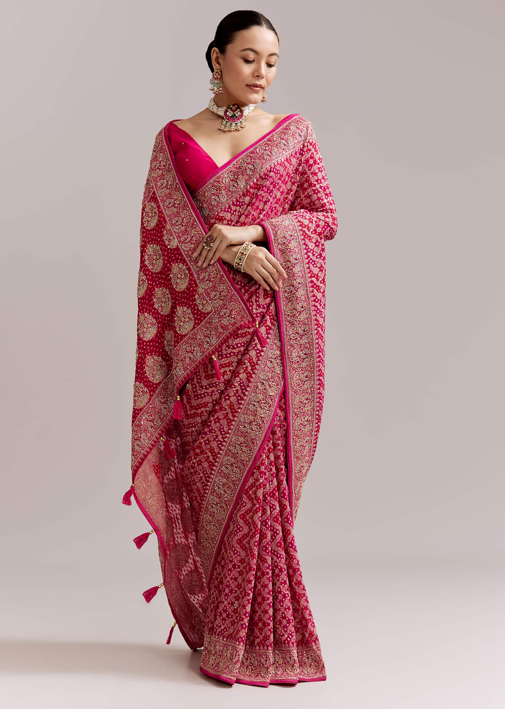 21319-rani-pink-banarasi-georgette-saree-with-heavy-embroidery-1.jpg Rani Pink Banarasi Georgette Saree With Heavy Embroidery
